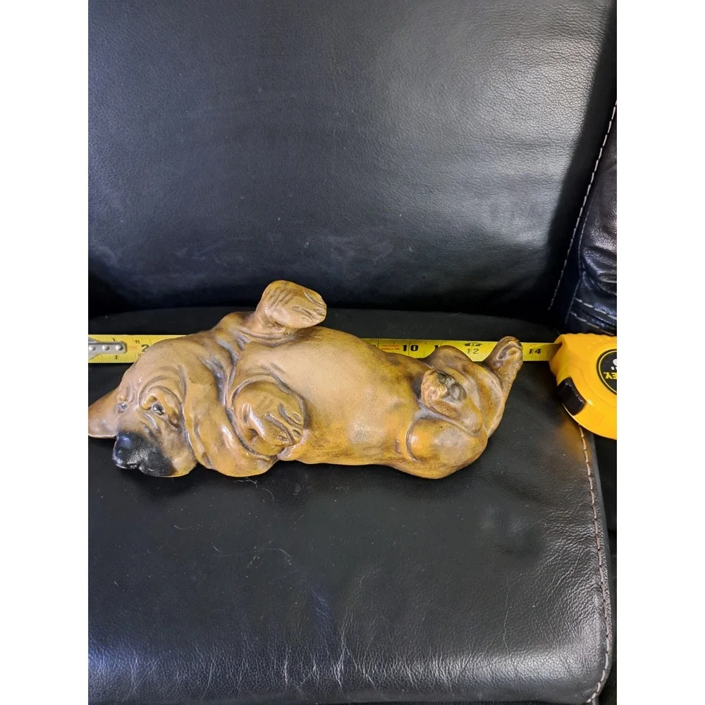 Vintage Chalkware Bassett Hound Dog Sad Eyes Laying On His Back Brown Black 12 